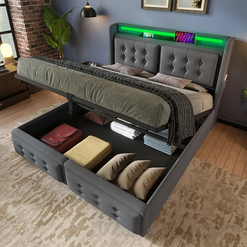 Lit Coffre 160 x 200 Cm - Lit Double avec Tête de Lit LED et Charge USB C - Bois, Coton, Métal - avec Matelas - Gris