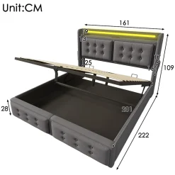Lit Coffre 160 x 200 Cm - Lit Double avec Tête de Lit LED et Charge USB C - Bois, Coton, Métal - avec Matelas - Gris
