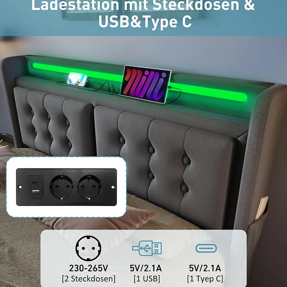 Lit Coffre 160 x 200 Cm - Lit Double avec Tête de Lit LED et Charge USB C - Bois, Coton, Métal - avec Matelas - Gris