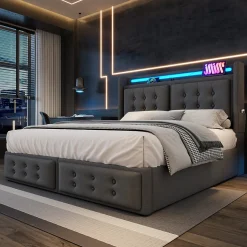 Lit Coffre 160 x 200 Cm - Lit Double avec Tête de Lit LED et Charge USB C - Bois, Coton, Métal - avec Matelas - Gris