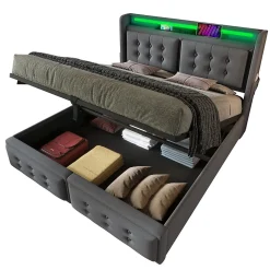 Lit Coffre 160 x 200 Cm - Lit Double avec Tête de Lit LED et Charge USB C - Bois, Coton, Métal - avec Matelas - Gris