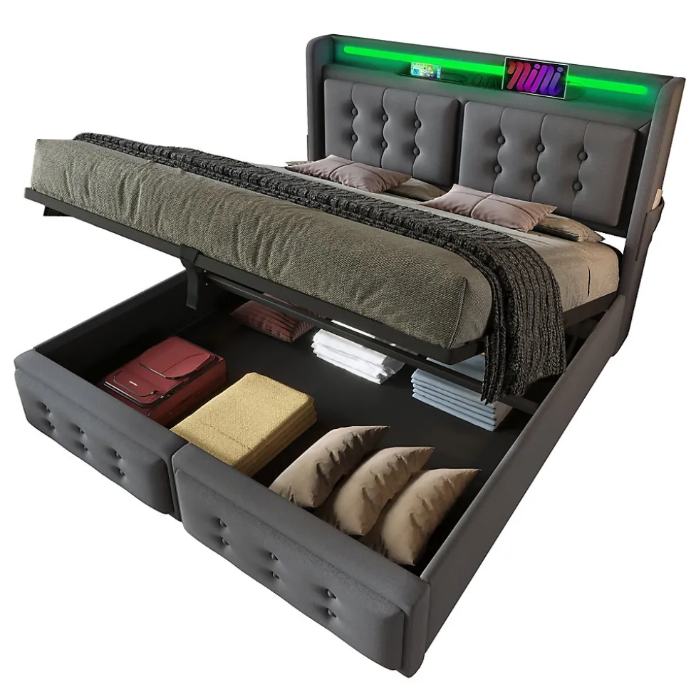 Lit Coffre 160 x 200 Cm - Lit Double avec Tête de Lit LED et Charge USB C - Bois, Coton, Métal - avec Matelas - Gris