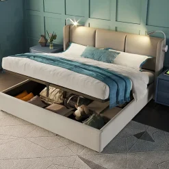 Lit Coffre 140 x 200 Cm - Lit Double avec Lampe de Lecture et Charge USB - Bois Massif et Lin - Sans Matelas - Beige