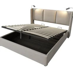 Lit Coffre 140 x 200 Cm - Lit Double avec Lampe de Lecture et Charge USB - Bois Massif et Lin - Sans Matelas - Beige