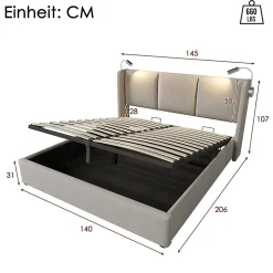 Lit Coffre 140 x 200 Cm - Lit Double avec Lampe de Lecture et Charge USB - Bois Massif et Lin - Sans Matelas - Beige