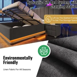 Lit Coffre 160 x 200 Cm - Lit Double avec LED et Charge USB-C - Métal, Lin, Bois Massif - Sans Matelas - Gris