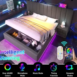 Lit Coffre 160 x 200 Cm - Lit Double avec LED et Charge USB-C - Métal, Lin, Bois Massif - Sans Matelas - Gris