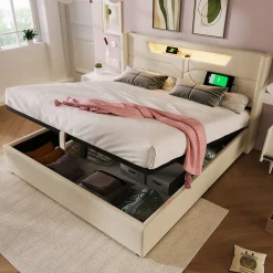 Lit coffre 160 x 200 cm - Lit double avec USB Type-C et LED - Lin - Sans Matelas - Beige