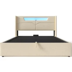 Lit coffre 160 x 200 cm - Lit double avec USB Type-C et LED - Lin - Sans Matelas - Beige
