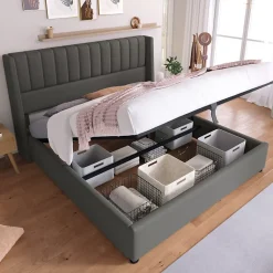 Lit coffre 160 x 200 cm - Lit Double avec Sommier à Lattes - Lin Bois Métal - Sans Matelas - Gris