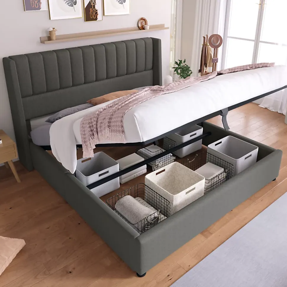 Lit coffre 160 x 200 cm - Lit Double avec Sommier à Lattes - Lin Bois Métal - Sans Matelas - Gris