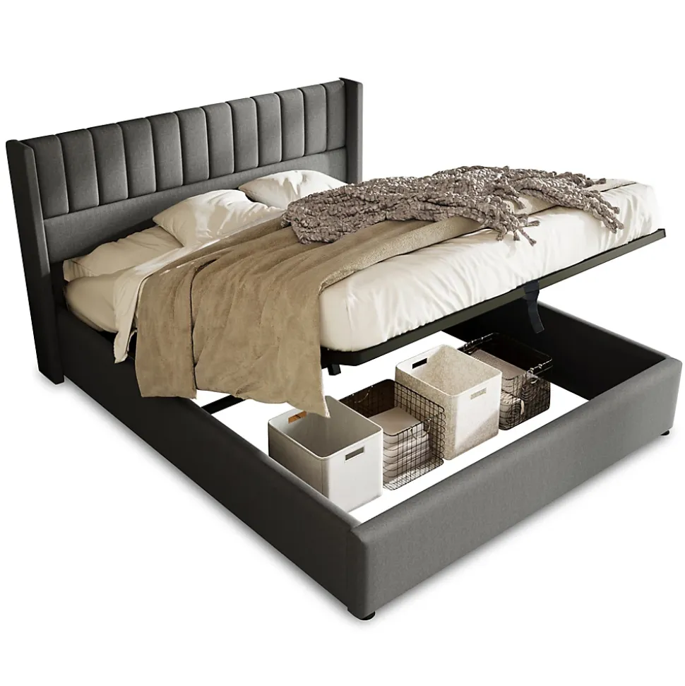 Lit coffre 160 x 200 cm - Lit Double avec Sommier à Lattes - Lin Bois Métal - Sans Matelas - Gris