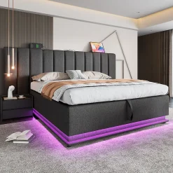 Lit Coffre 180 x 200 Cm - Lit Double Capitonné avec LED et Charge USB-C - Métal, Lin, Bois Massif - Sans Matelas - Gris