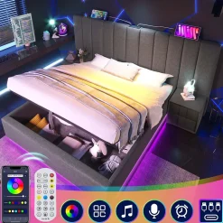 Lit Coffre 180 x 200 Cm - Lit Double Capitonné avec LED et Charge USB-C - Métal, Lin, Bois Massif - Sans Matelas - Gris