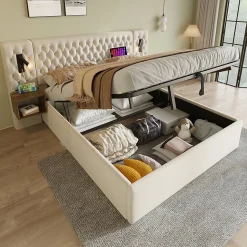 Lit coffre 180 x 200 cm - Lit rembourré avec 2 tables de chevet et lampe de lecture - Velours - Sans Matelas - Beige