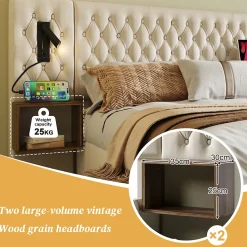 Lit coffre 180 x 200 cm - Lit rembourré avec 2 tables de chevet et lampe de lecture - Velours - Sans Matelas - Beige