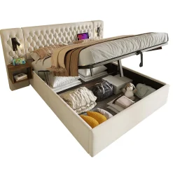 Lit coffre 180 x 200 cm - Lit rembourré avec 2 tables de chevet et lampe de lecture - Velours - Sans Matelas - Beige