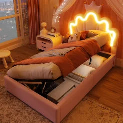 Lit Coffre 90 x 200 cm - Lit Simple Déco avec Mécanisme Hydraulique et LED, Tête de Lit Réglable - PU et MDF - Sans Matelas - Rose