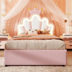 Lit Coffre 90 x 200 cm - Lit Simple Déco avec Mécanisme Hydraulique et LED, Tête de Lit Réglable - PU et MDF - Sans Matelas - Rose