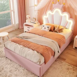 Lit Coffre 90 x 200 cm - Lit Simple Déco avec Mécanisme Hydraulique et LED, Tête de Lit Réglable - PU et MDF - Sans Matelas - Rose