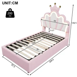 Lit Coffre 90 x 200 cm - Lit Simple Déco avec Mécanisme Hydraulique et LED, Tête de Lit Réglable - PU et MDF - Sans Matelas - Rose