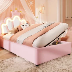 Lit Coffre 90 x 200 cm - Lit Simple Déco avec Mécanisme Hydraulique et LED, Tête de Lit Réglable - PU et MDF - Sans Matelas - Rose