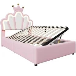 Lit Coffre 90 x 200 cm - Lit Simple Déco avec Mécanisme Hydraulique et LED, Tête de Lit Réglable - PU et MDF - Sans Matelas - Rose