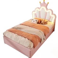 Lit Coffre 90 x 200 cm - Lit Simple Déco avec Mécanisme Hydraulique et LED, Tête de Lit Réglable - PU et MDF - Sans Matelas - Rose