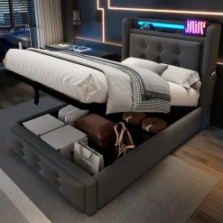 Lit Coffre 90 x 200 Cm - Lit Simple avec Tête de Lit LED et Charge USB C - Bois, Coton, Métal - Sans Matelas - Gris