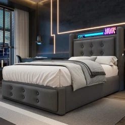 Lit Coffre 90 x 200 Cm - Lit Simple avec Tête de Lit LED et Charge USB C - Bois, Coton, Métal - Sans Matelas - Gris