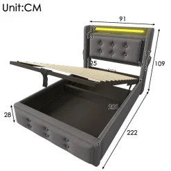 Lit Coffre 90 x 200 Cm - Lit Simple avec Tête de Lit LED et Charge USB C - Bois, Coton, Métal - Sans Matelas - Gris