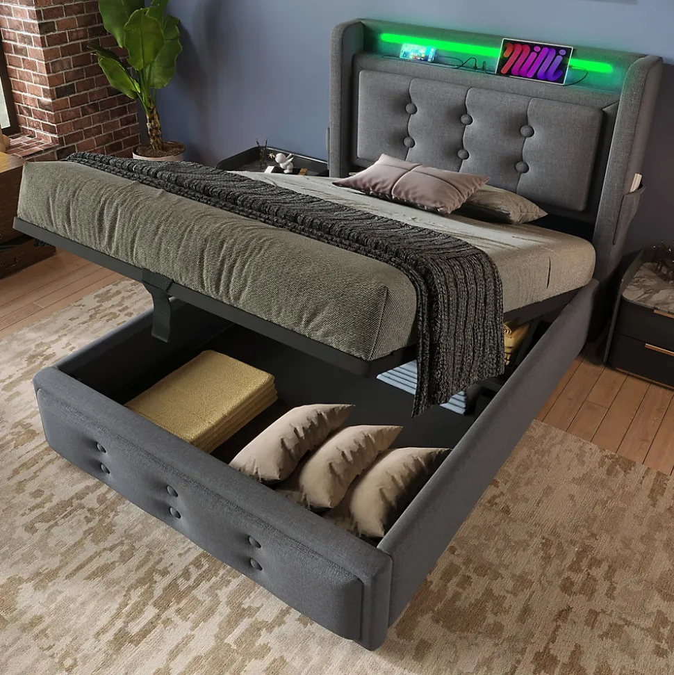 Lit Coffre 90 x 200 Cm - Lit Simple avec Tête de Lit LED et Charge USB C - Bois, Coton, Métal - Sans Matelas - Gris