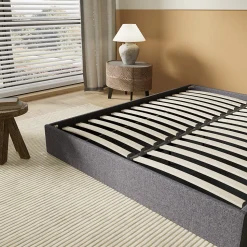 Lit Coffre 120 x 190 cm - Sommier à lattes en bois - Cadre en tissu gris