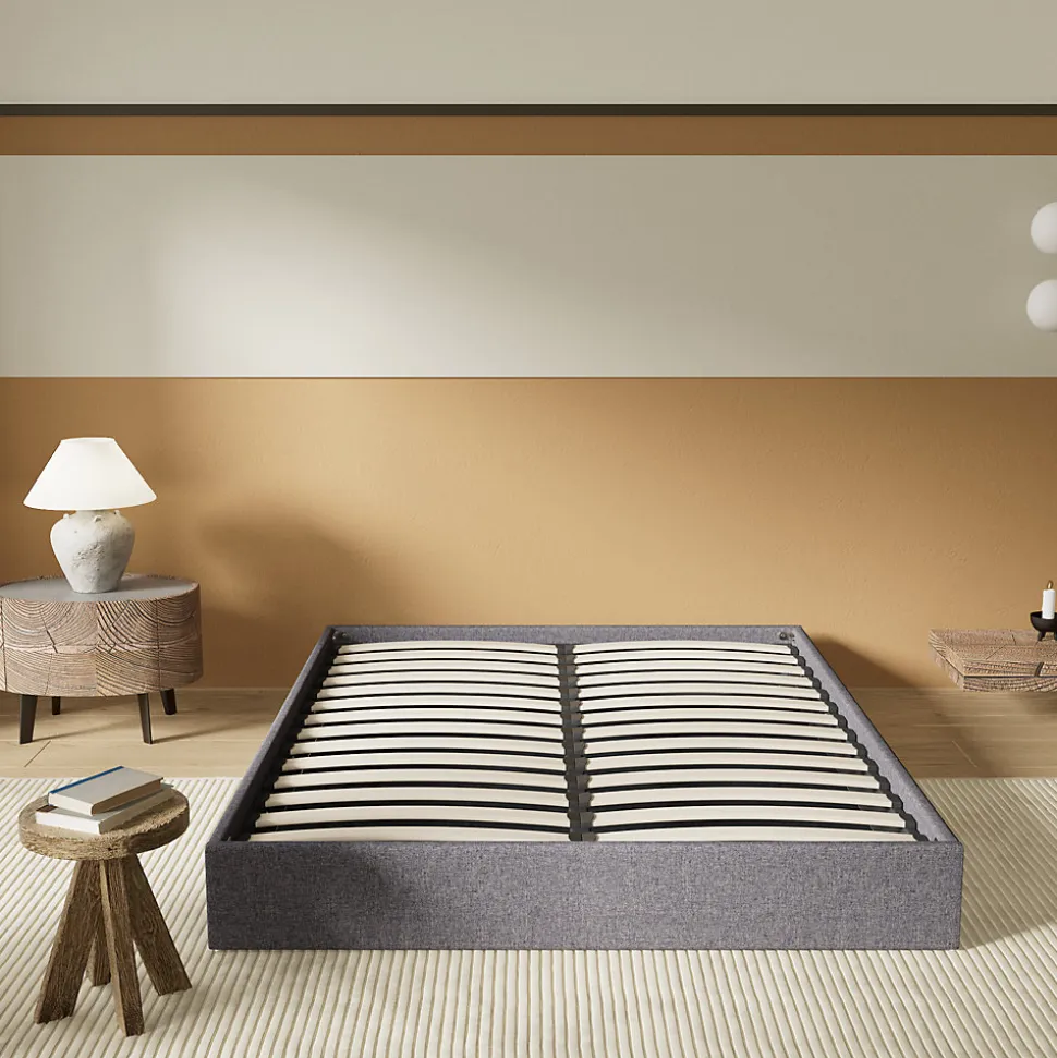 Lit Coffre 120 x 190 cm - Sommier à lattes en bois - Cadre en tissu gris