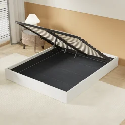 Lit Coffre 140 x 200 cm - Sommier à lattes en bois - Cadre en tissu blanc