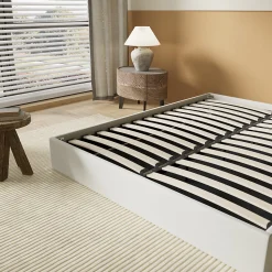 Lit Coffre 140 x 200 cm - Sommier à lattes en bois - Cadre en tissu blanc