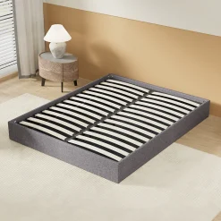 Lit Coffre 140 x 200 cm - Sommier à lattes en bois - Cadre en tissu gris