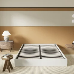 Lit Coffre 120 x 190 cm - Sommier à lattes en bois - Cadre en tissu blanc