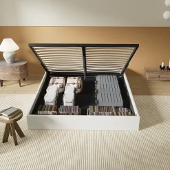 Lit Coffre 120 x 190 cm - Sommier à lattes en bois - Cadre en tissu blanc