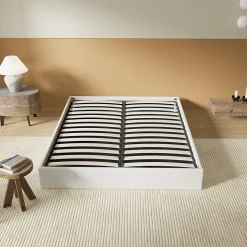 Lit Coffre 120 x 190 cm - Sommier à lattes en bois - Cadre en tissu blanc