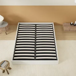 Lit Coffre 120 x 190 cm - Sommier à lattes en bois - Cadre en tissu blanc