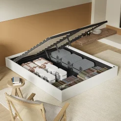 Lit Coffre 140 x 190 cm - Sommier à lattes en bois - Cadre en tissu blanc