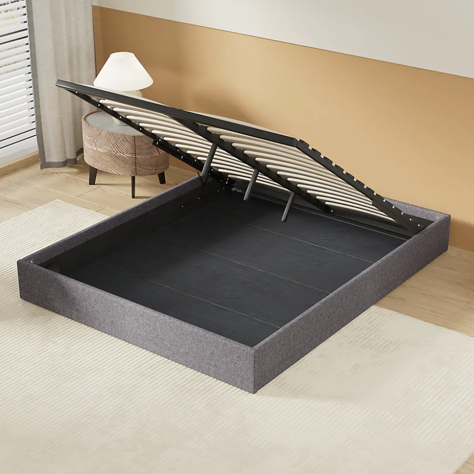 Lit Coffre 160 x 200 cm - Sommier à lattes en bois - Cadre en tissu gris