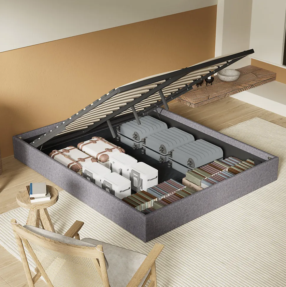 Lit Coffre 160 x 200 cm - Sommier à lattes en bois - Cadre en tissu gris