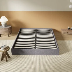 Lit Coffre 160 x 200 cm - Sommier à lattes en bois - Cadre en tissu gris