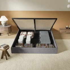 Lit Coffre 160 x 200 cm - Sommier à lattes en bois - Cadre en tissu gris