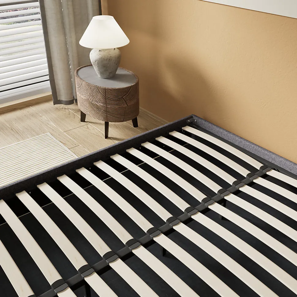 Lit Coffre 160 x 200 cm - Sommier à lattes en bois - Cadre en tissu gris