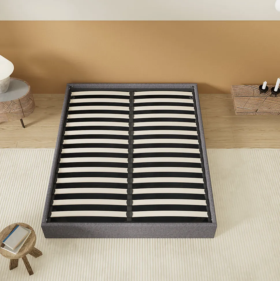 Lit Coffre 160 x 200 cm - Sommier à lattes en bois - Cadre en tissu gris