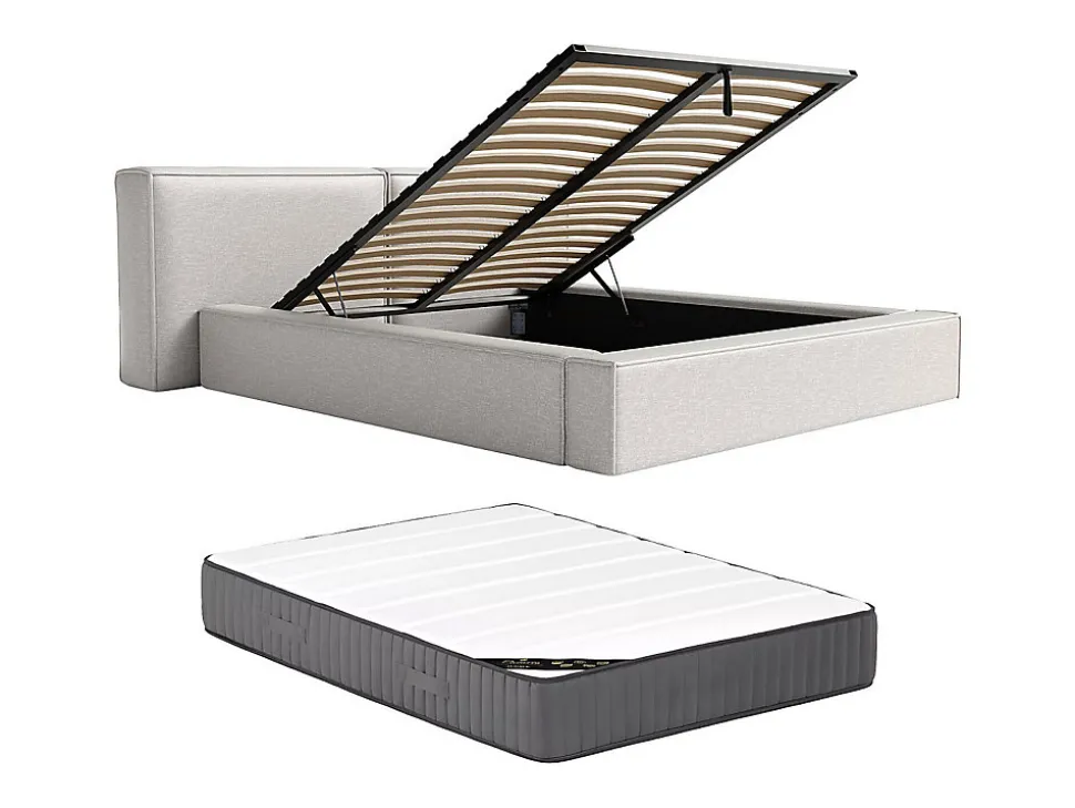 Lit coffre 140 x 190 cm - Tissu - Gris clair + Matelas - TIMANO