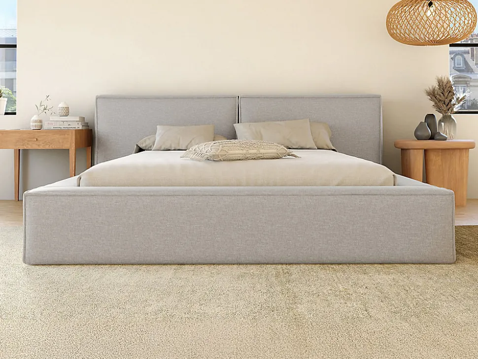 Lit coffre 140 x 190 cm - Tissu - Gris clair + Matelas - TIMANO